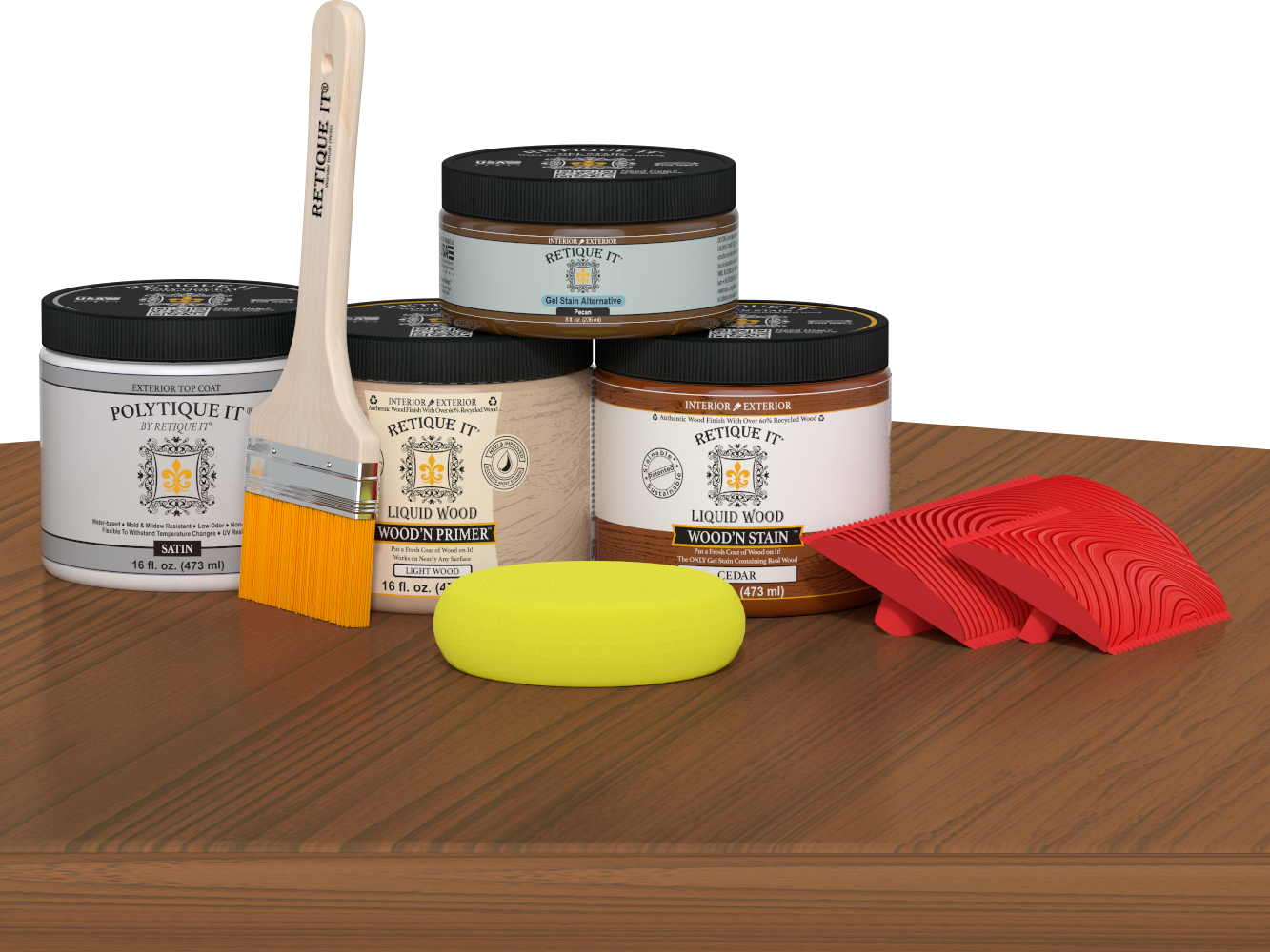 Retique It Wood'n Finish Cedar front door stain kit with sample palette, showcasing wood grain and finish options for exterior doors.