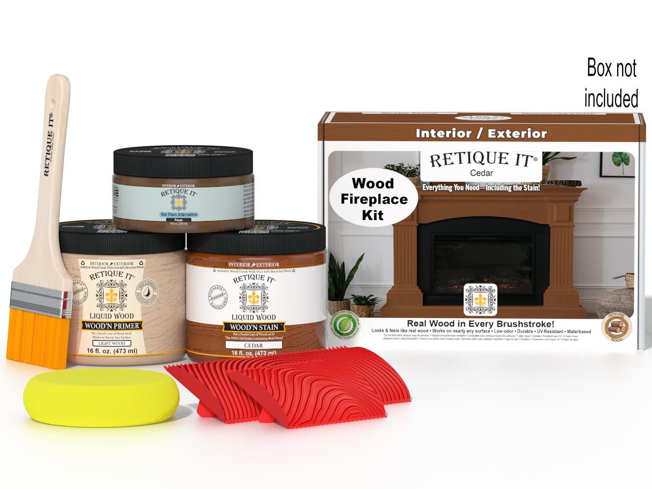 Retique It Wood'n Finish Kit for full fireplace in cedar stain, includes wood finishing supplies and tools.