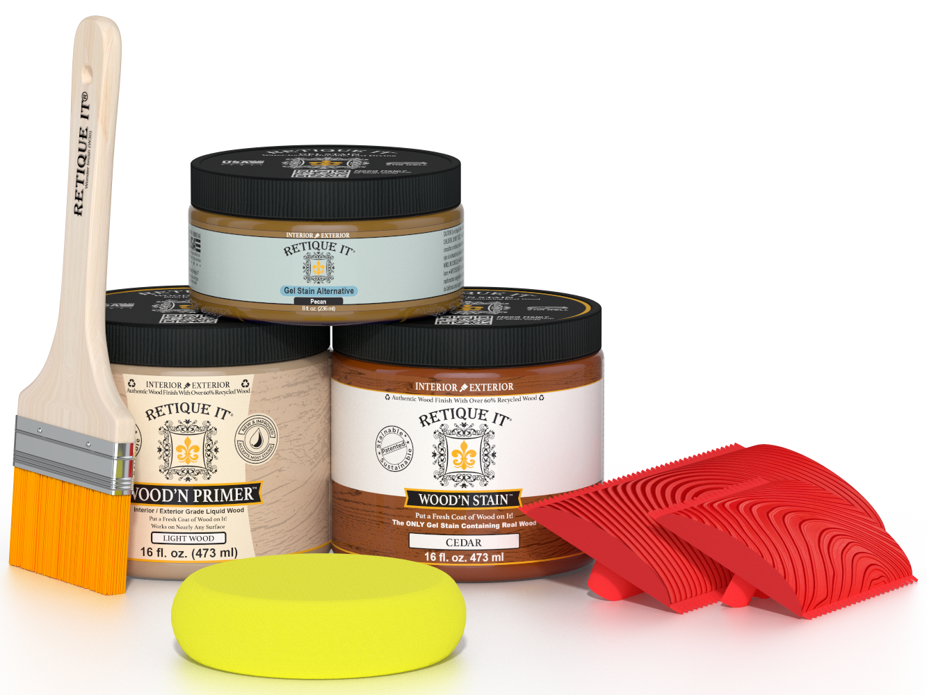 Retique It Fireplace Wood'n Finish Kit in cedar, a stain set for full fireplace restoration, showcasing wood stain and finishing tools.