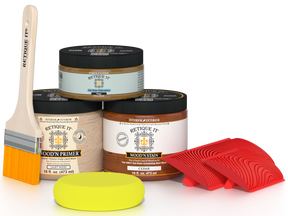 Retique It Fireplace Wood'n Finish Kit in cedar, a stain set for full fireplace restoration, showcasing wood stain and finishing tools.