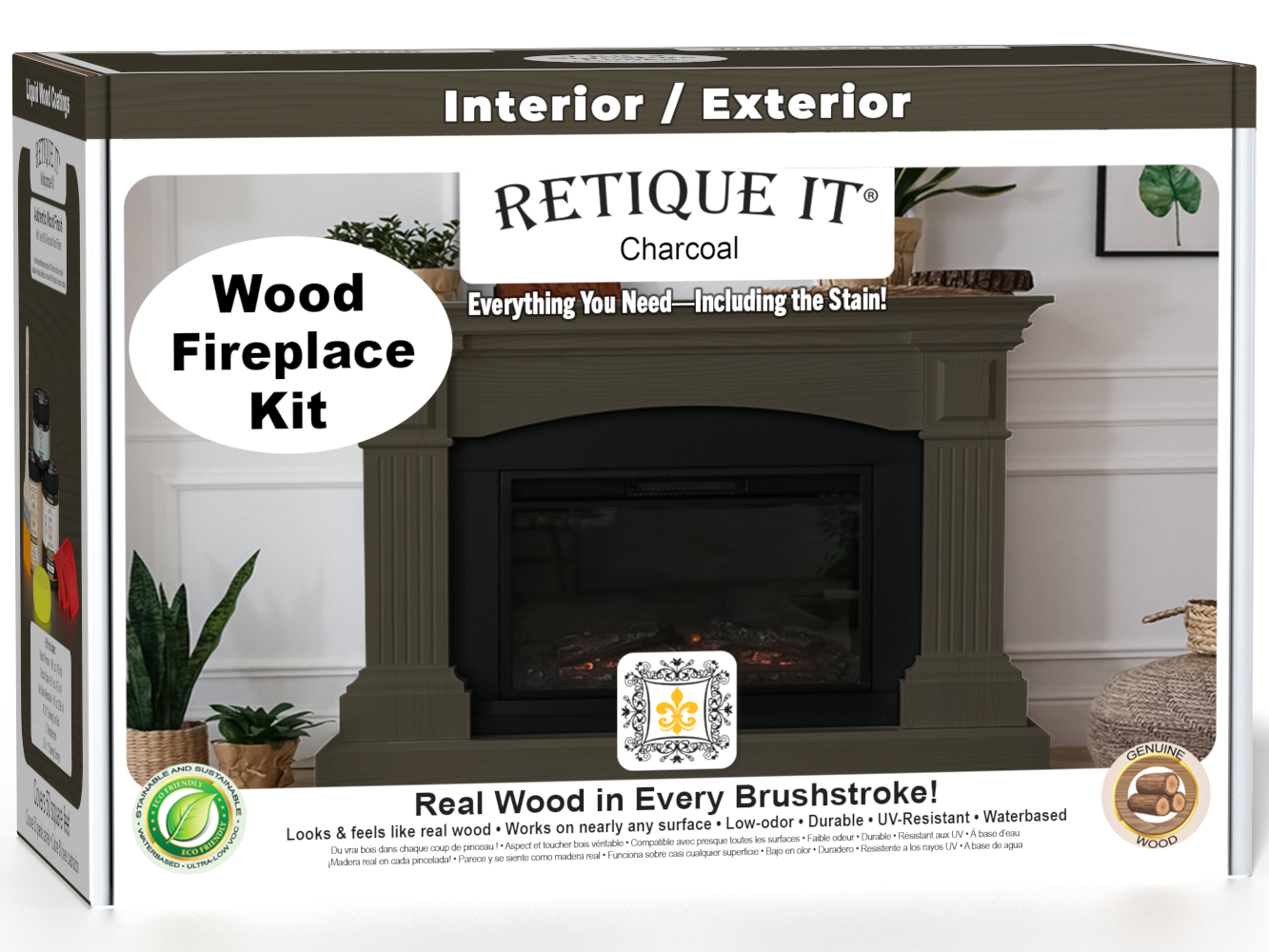 Retique It Fireplace Wood'n Finish Kit in charcoal, full fireplace stain kit with wooden tools and stain containers shown in the image.