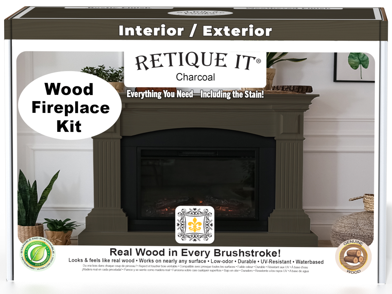 Retique It Fireplace Wood'n Finish Kit in charcoal stain, full fireplace kit with stain and application tools, shown in a boxed set.