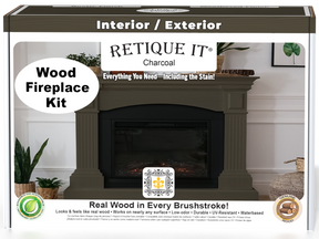 Retique It Fireplace Wood'n Finish Kit in charcoal stain, full fireplace kit with stain and application tools, shown in a boxed set.