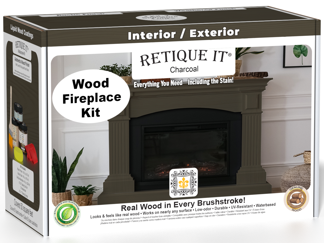 Retique It Fireplace Wood'n Finish Kit in charcoal stain, full fireplace application with stain bottles and finishing tools.