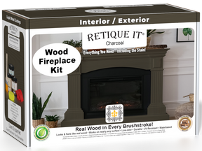 Retique It Fireplace Wood'n Finish Kit in charcoal stain, full fireplace application with stain bottles and finishing tools.