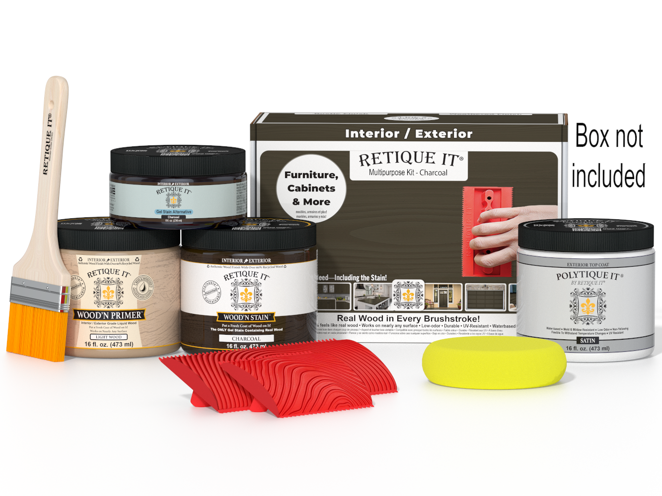 Retique It® Wood'n Kit in charcoal, medium size, exterior top coat for wood finishing, shown in the box with wood application tools.