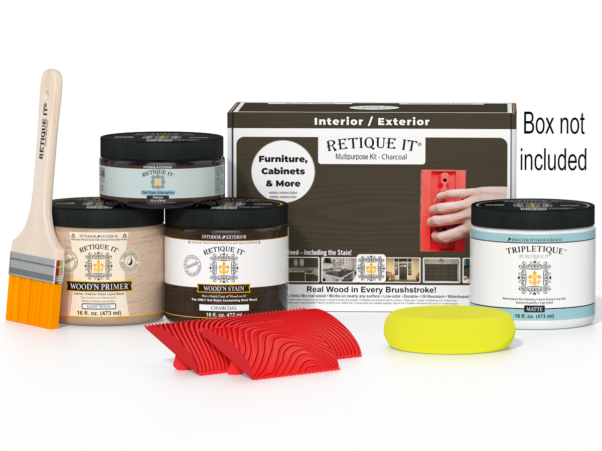 Retique It Wood'n Finish Kit in Charcoal for interior wood projects, includes top coat and application tools in a compact box.
