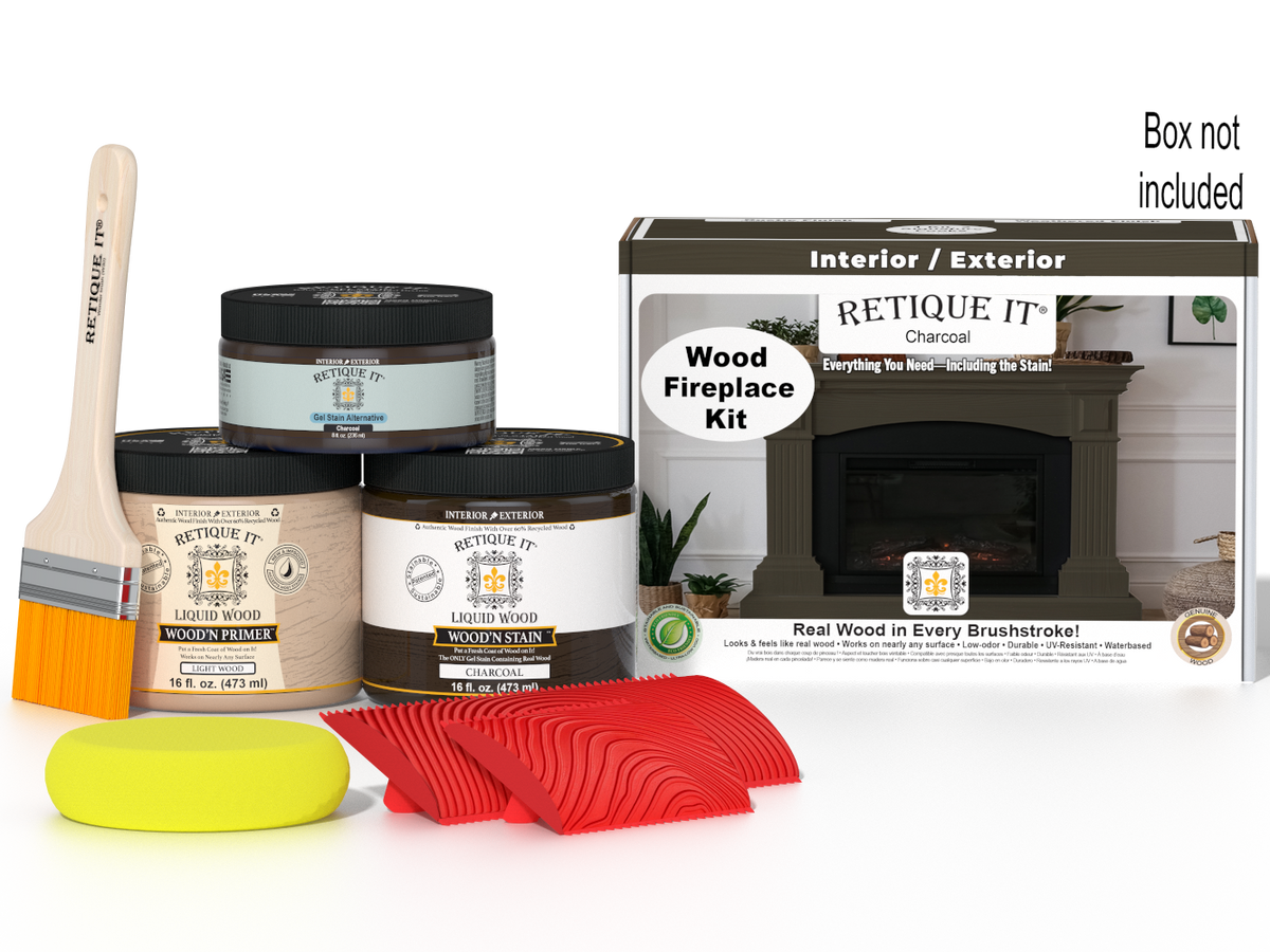 Retique It® Fireplace Wood'n Finish Kit in Charcoal for full fireplace staining, including stains and application tools.
