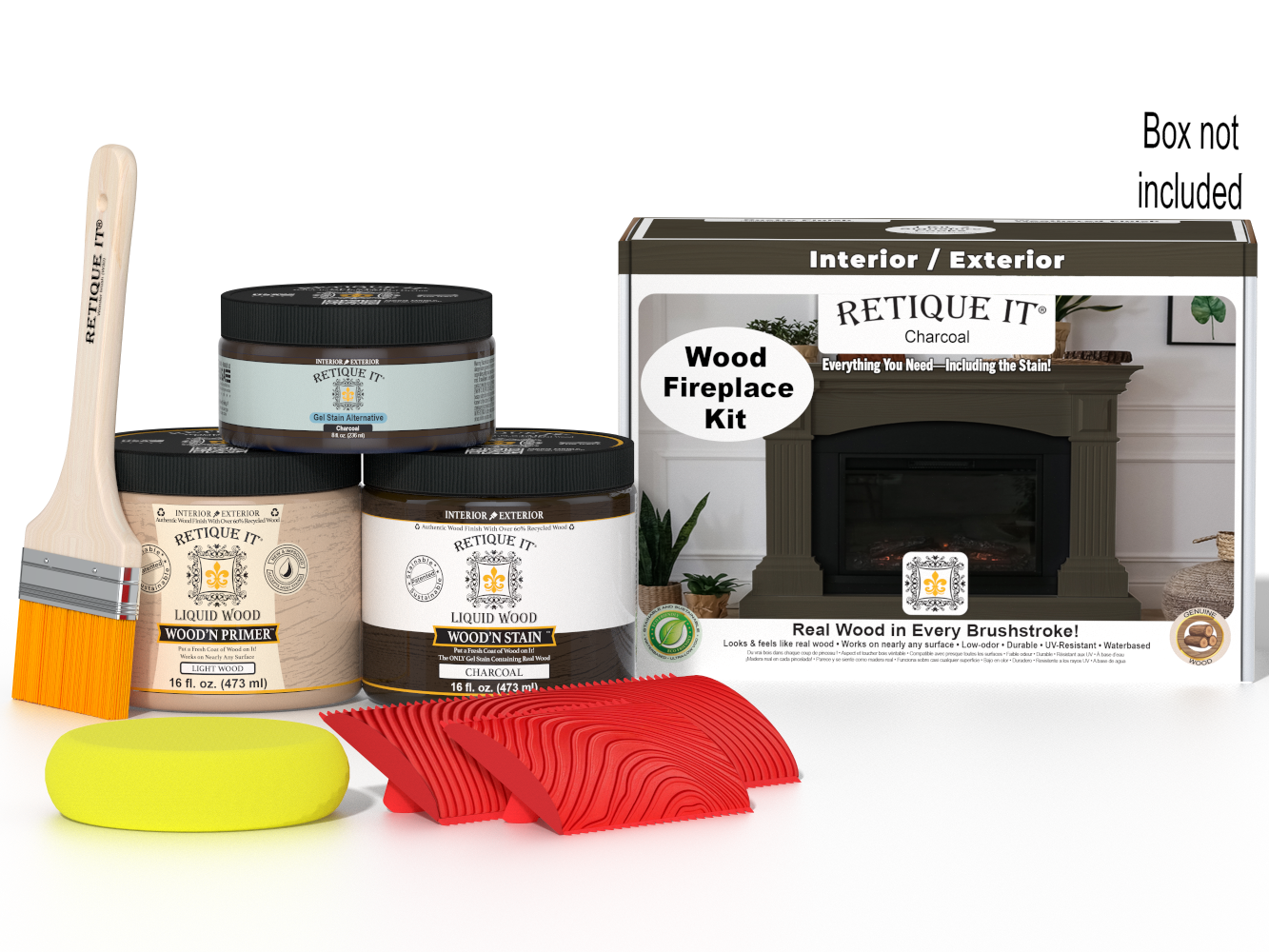 Retique It Fireplace Wood'n Finish Kit in Charcoal for full fireplace staining, including stains and application tools.
