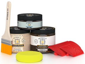 Retique It Fireplace Wood'n Finish Kit in Charcoal for full fireplaces, includes stains and tools for a charcoal-colored wood finish.
