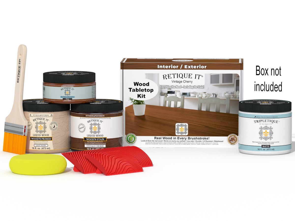 Retique It Wood'n Finish Kit double size in Vintage Cherry stain for tabletops, includes stain bottles and applicator.