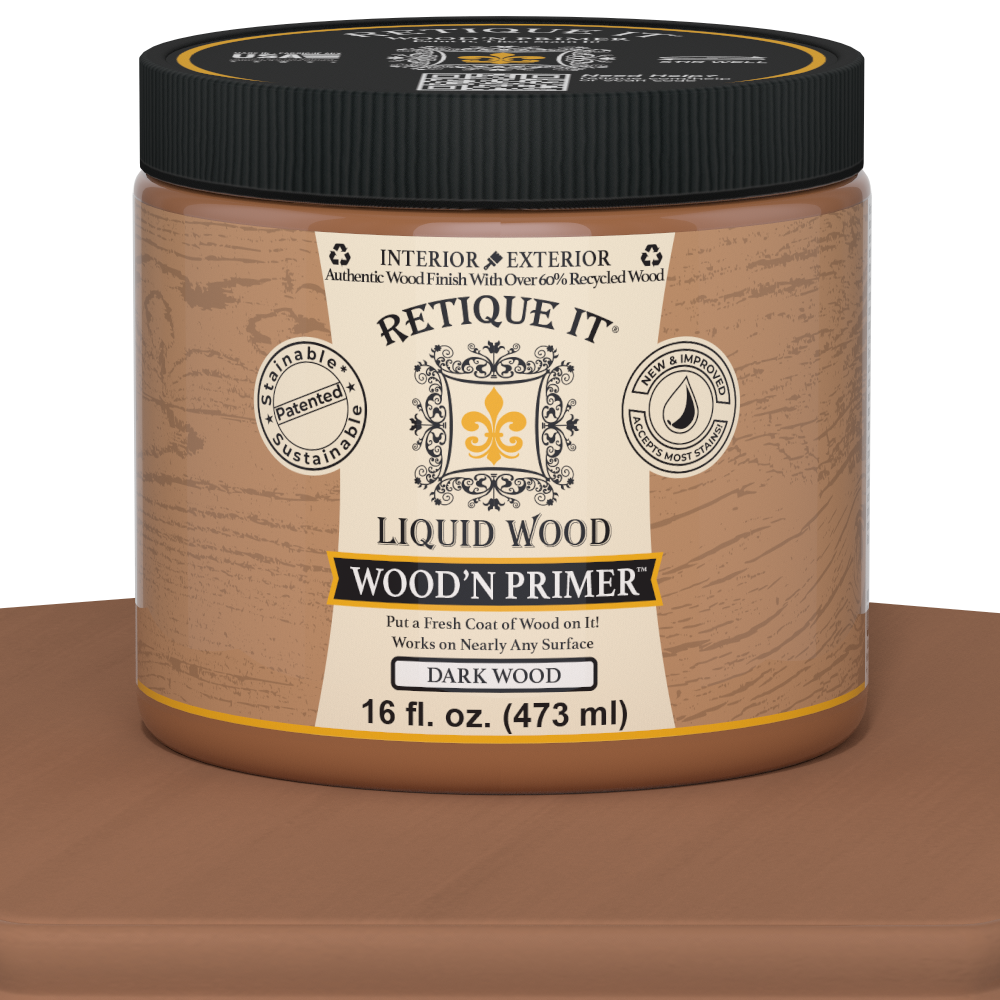 Retique It® Liquid Wood Wood'n Primer in Dark Wood color, 16 fl oz, showing the primer container with dark wood finish label.