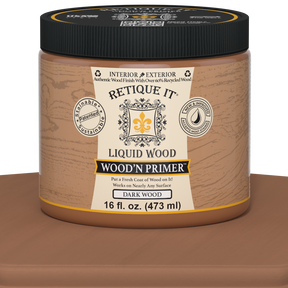 Retique It® Liquid Wood Wood'n Primer in Dark Wood color, 16 fl oz, showing the primer container with dark wood finish label.