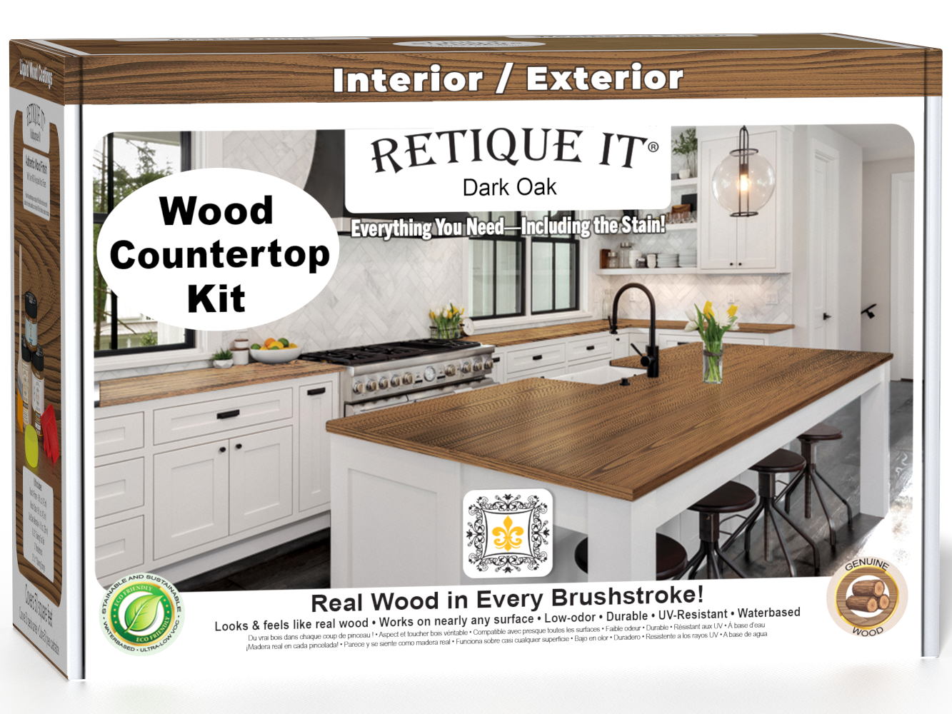 Dark oak stained countertop kit for kitchen island by Retique It® featuring a sleek, modern surface with detailed wood grain.