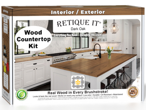 Dark oak stained countertop kit for kitchen island by Retique It® featuring a sleek, modern surface with detailed wood grain.