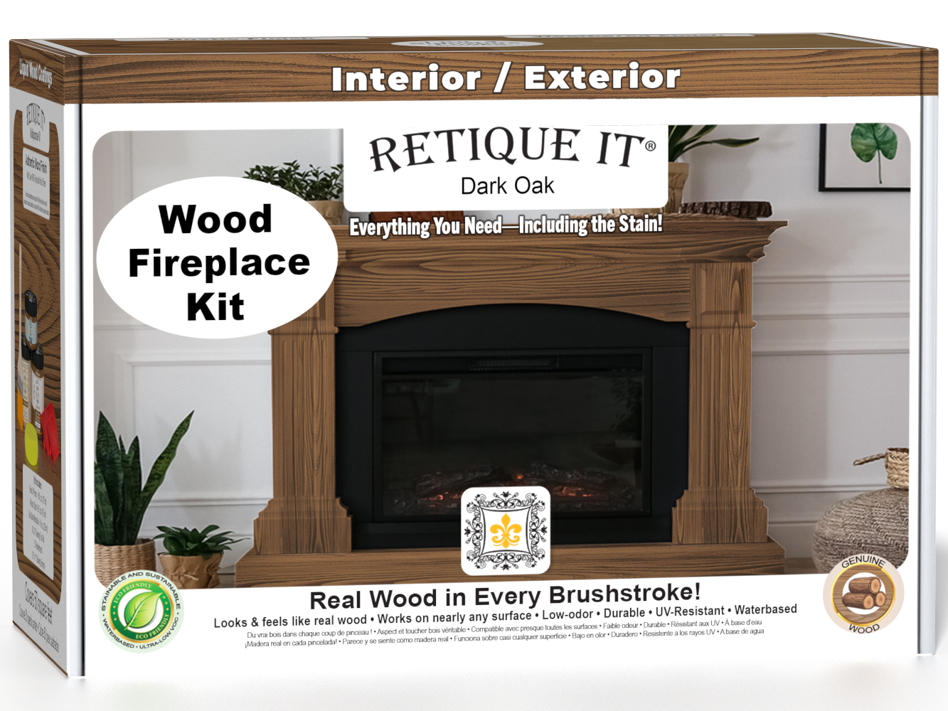 Retique It Fireplace Wood'n Finish Kit in Dark Oak stain, complete for full fireplace refurbishment, shown in packaging with stain samples.