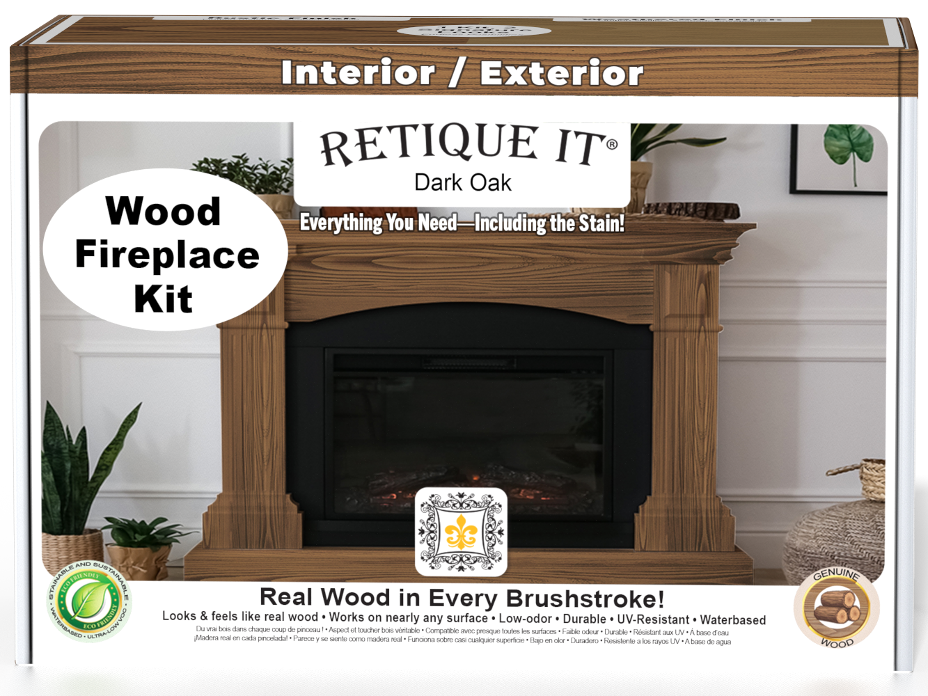 Retique It Fireplace Wood'n Finish Kit in Dark Oak stain, full fireplace project with stain bottles and applicator tools.