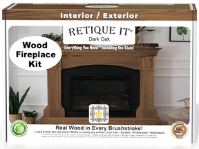 Retique It Fireplace Wood'n Finish Kit in Dark Oak stain, full fireplace project with stain bottles and applicator tools.
