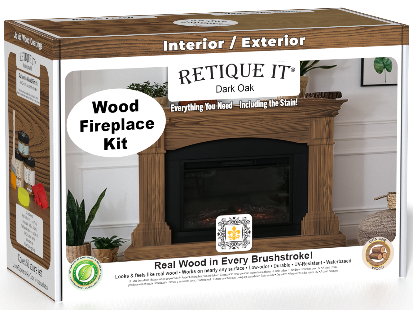 Retique It Wood'n Finish Kit for fireplaces in dark oak stain, shown with stain bottles and application tools for full fireplace finishing.