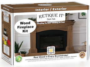 Retique It Wood'n Finish Kit for fireplaces in dark oak stain, shown with stain bottles and application tools for full fireplace finishing.