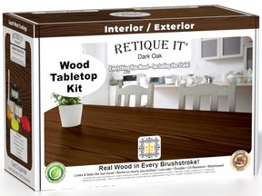 Retique It® Wood'n Finish Kit in Dark Oak for tabletops, featuring stain bottles and application tools in a double-size kit.
