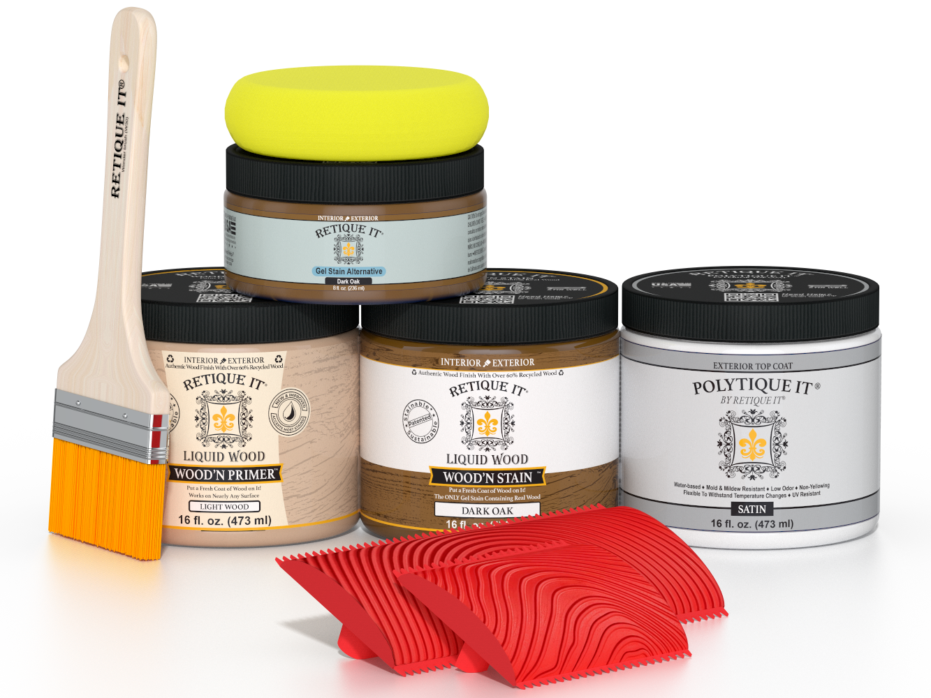 Dark oak wood finish kit from Retique It® featuring a satin exterior top coat for multi-purpose wood projects.