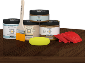 Dark oak countertop kit for kitchen island by Retique It®, featuring stain application on a modern kitchen island surface.