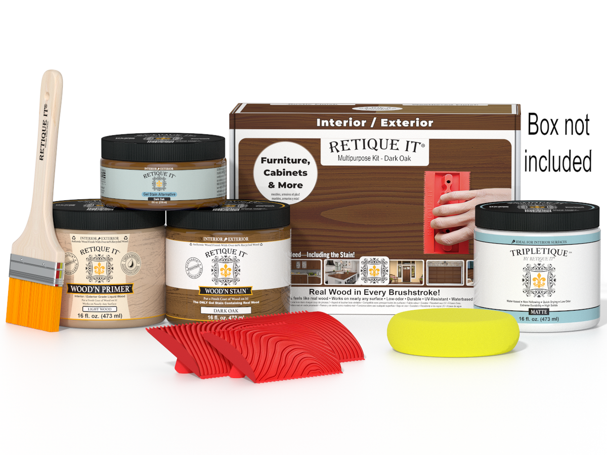 Retique It Wood'n Kit (Med) in Dark Oak with interior top coat, featuring wood finish components in a box.