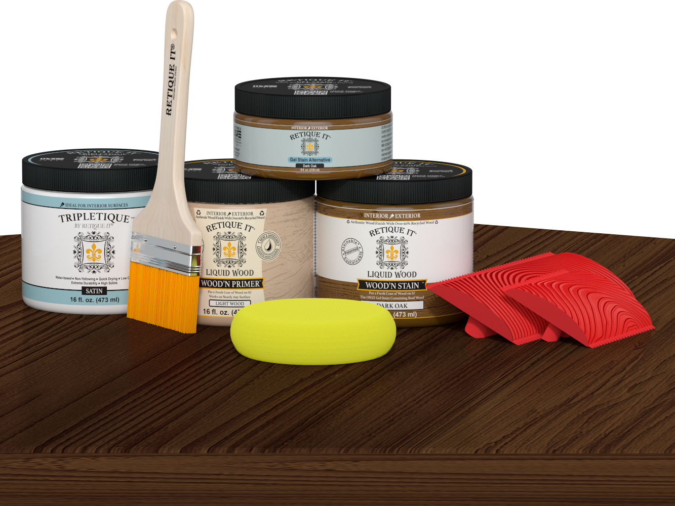 Dark oak kitchen island countertop kit by Retique It® featuring stain application on a modern kitchen surface.
