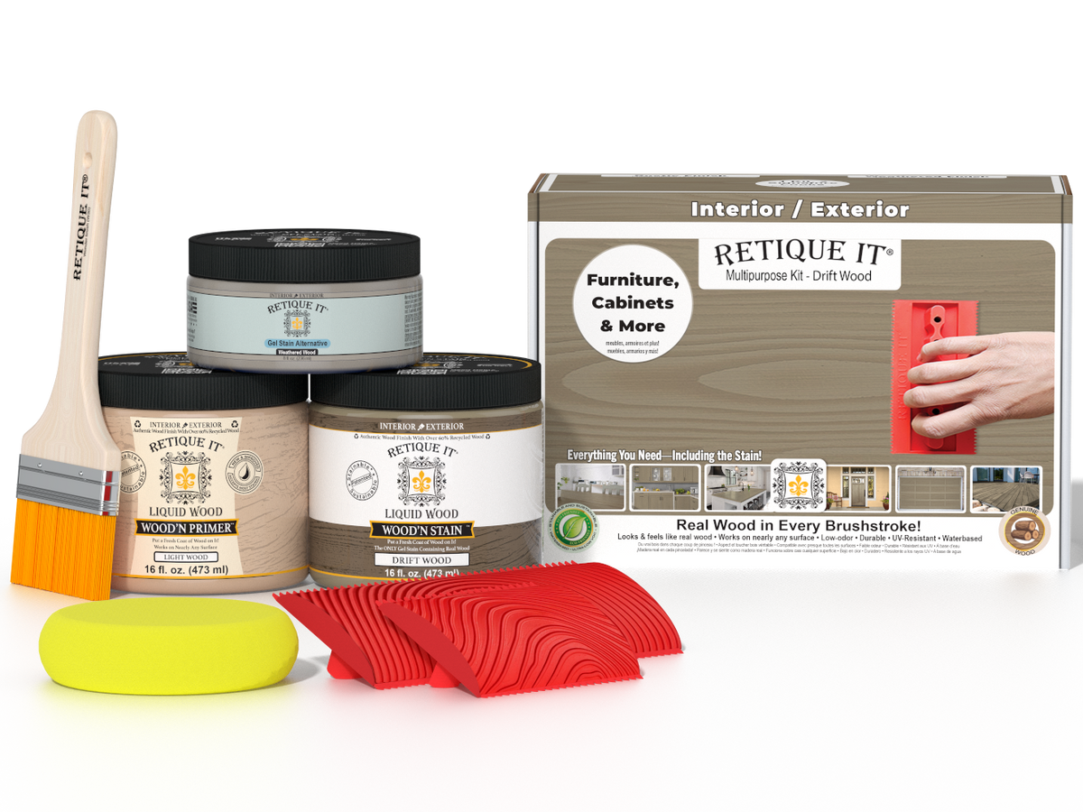 Multi-purpose Wood'n Kit in Drift Wood finish by Retique It, featuring wood finishing tools and supplies.