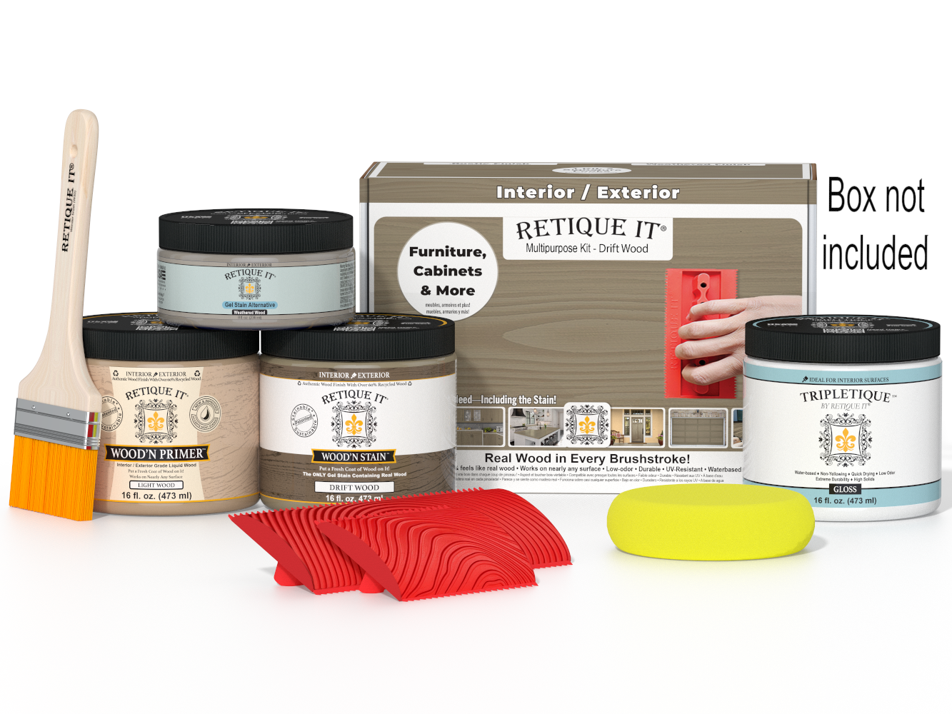 Retique It® Wood'n Kit in driftwood finish, medium size, showing the box with wood finish and interior top coat for furniture.