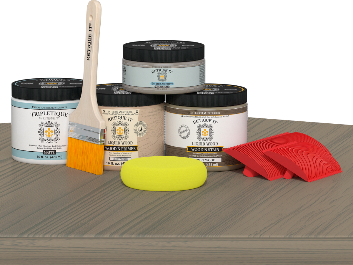 Retique It Wood'n Finish Kit in Drift Wood stain, double size, displayed on a table showing the stain application and wood finish.