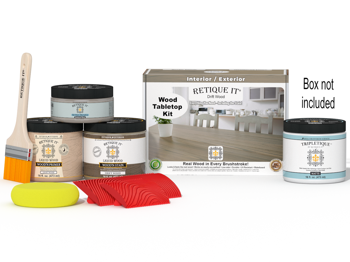 Retique It Wood'n Finish Kit in Drift Wood for tabletops, showing stain bottles and wooden surface for furniture finishing.