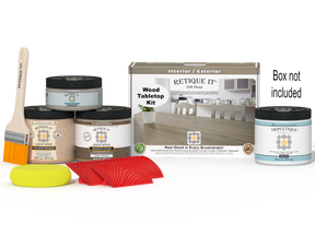 Retique It Wood'n Finish Kit in Drift Wood for tabletops, showing stain bottles and wooden surface for furniture finishing.