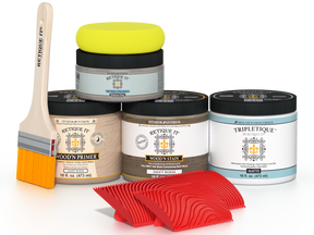 Retique It® Drift Wood countertop kit for kitchen islands, featuring stain and finish options on a wood surface.