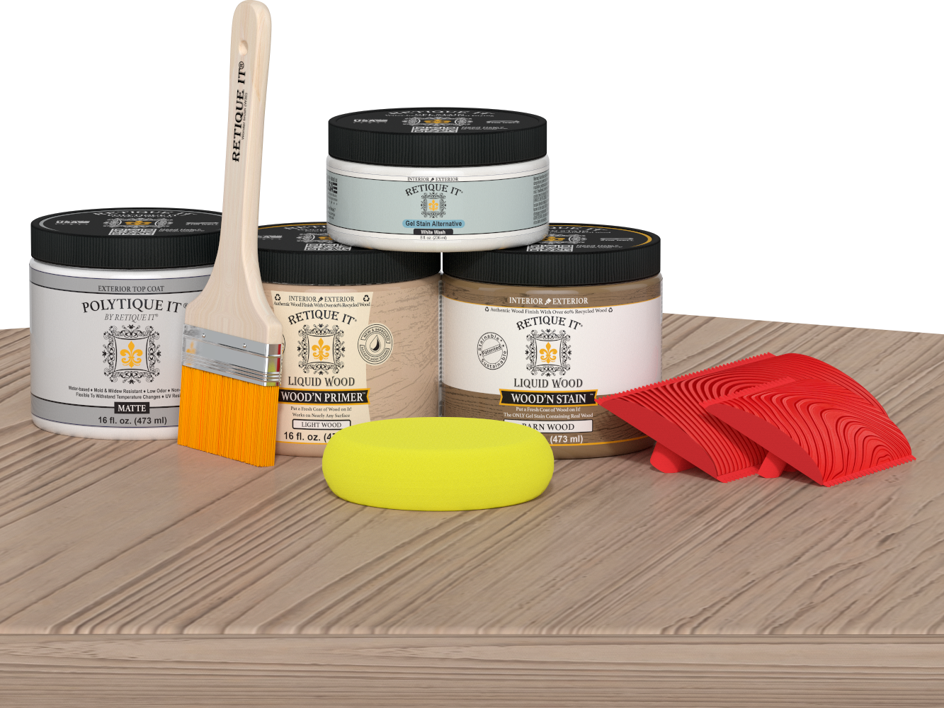 Multi-purpose Wood'n Kit Med French Oak exterior top coat by Retique It® displayed on a table, showing wood finish and application tools.