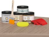 Multi-purpose Wood'n Kit Med French Oak exterior top coat by Retique It® displayed on a table, showing wood finish and application tools.