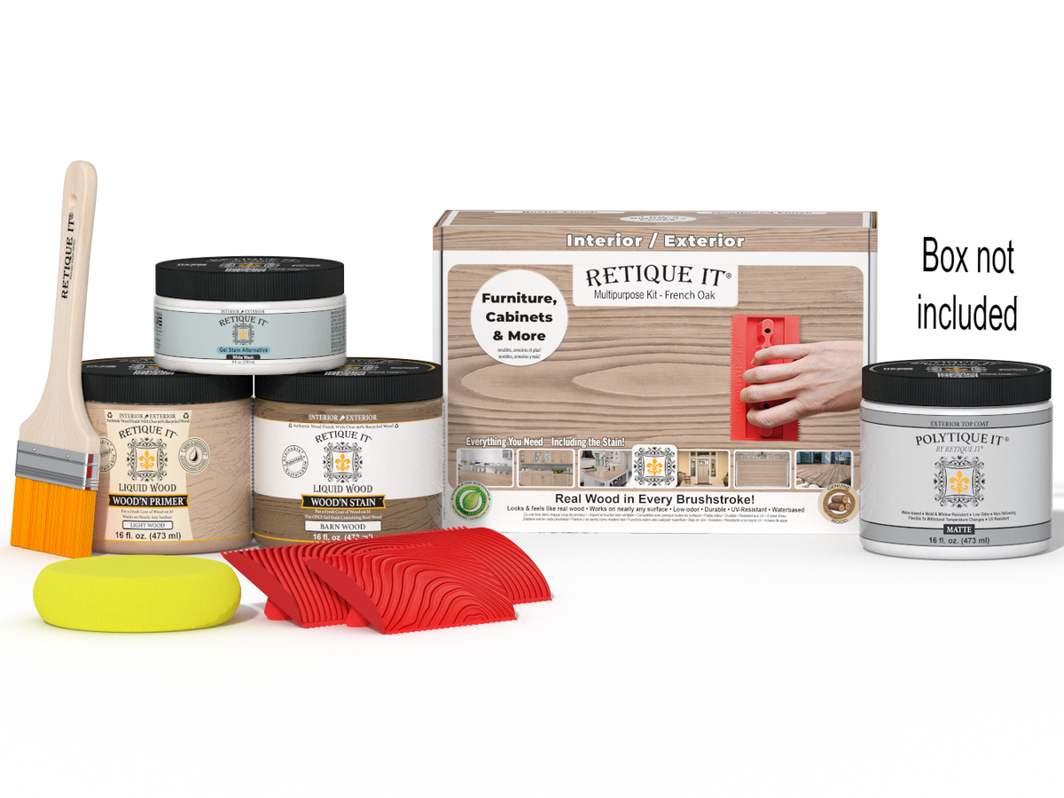 Retique It Multi-purpose Wood'n Kit in French Oak for exterior top coat, includes wood finish supplies with box and application tools.