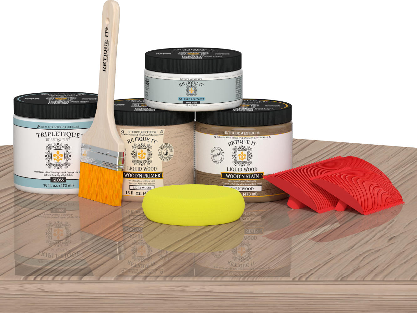Retique It® Wood'n Finish Kit in French Oak for interior top coat, featuring a multi-purpose wood finishing set on a table.