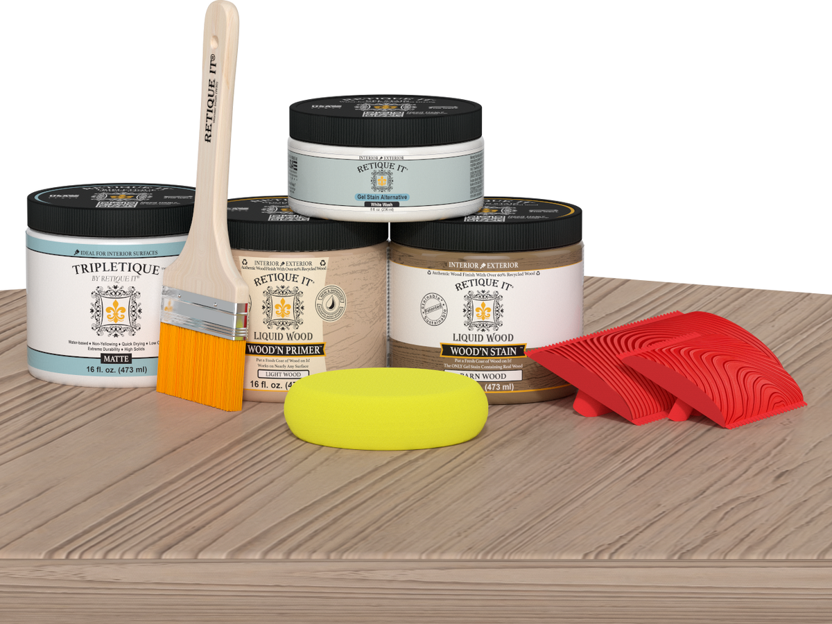 Retique It Wood'n Finish Kit in French Oak stain for tabletops, featuring double-sized stain bottles and application tools.