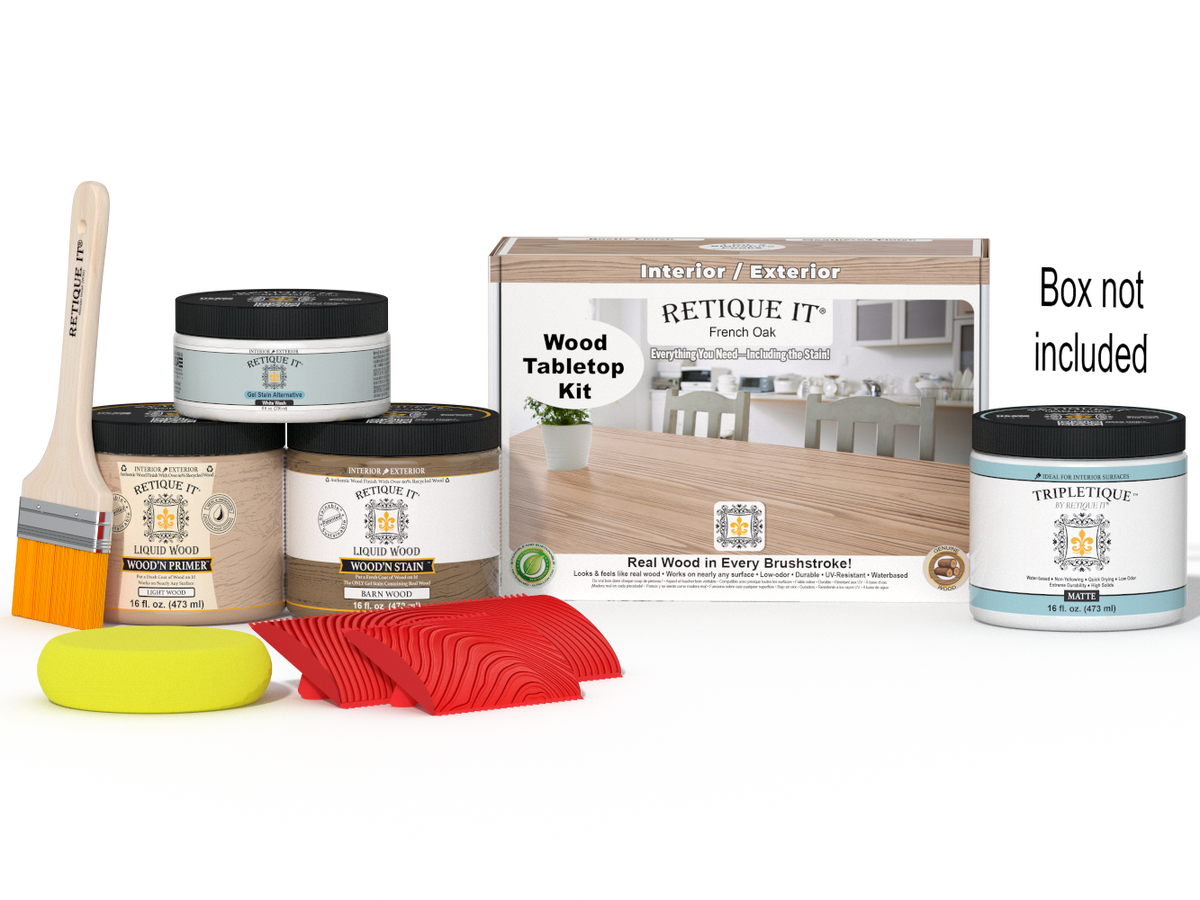 Retique It Wood'n Finish Kit in French Oak for tabletops, featuring stain bottles and applicator tools in a double size set.