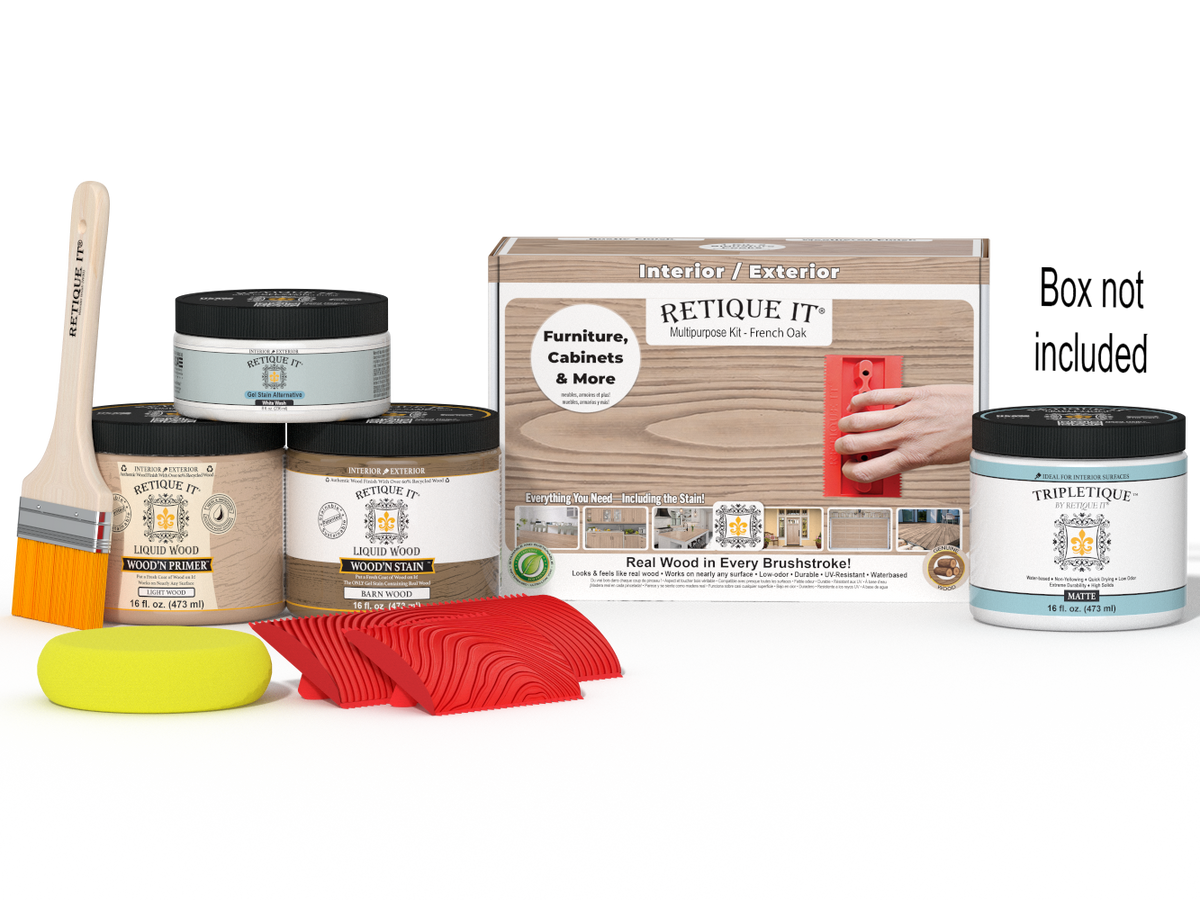 Retique It Wood'n Kit Medium French Oak interior top coat with applicator brush and finishing supplies in a box.