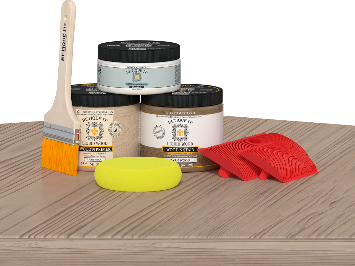 Multi-purpose Wood'n Kit in French oak by Retique It on a table, showing wood finish and application tools included.