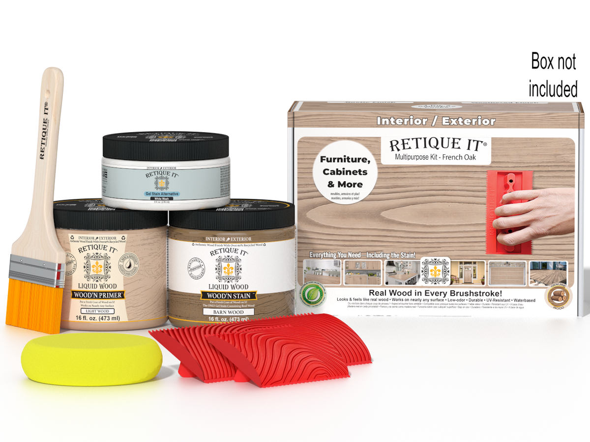Multi-purpose Wood'n Kit in French oak by Retique It showing a box with wood finish supplies for furniture restoration.