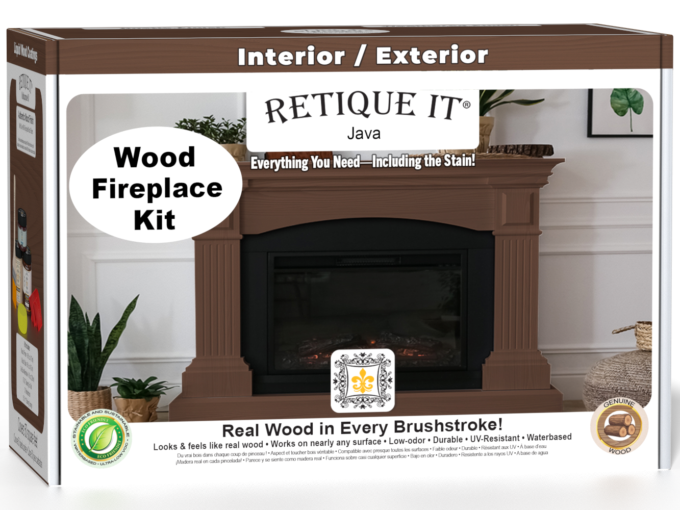 Retique It Fireplace Wood'n Finish Kit in Java, a stain set for full fireplace restoration, shown in its box with stain bottles.
