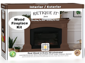 Retique It Fireplace Wood'n Finish Kit in Java, a stain set for full fireplace restoration, shown in its box with stain bottles.