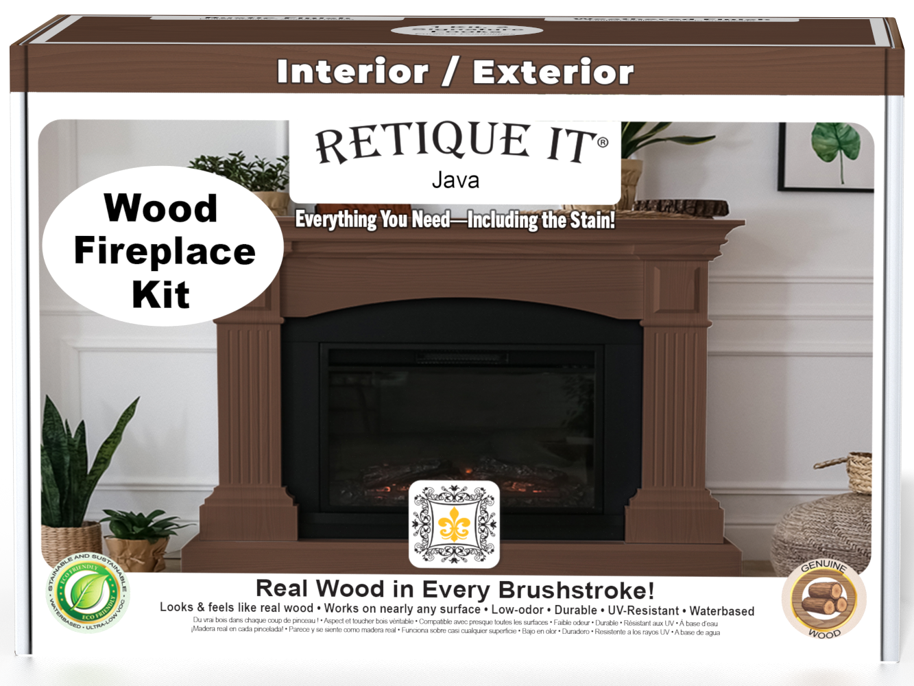 Retique It Fireplace Wood'n Finish Kit in Java stain, full fireplace kit with stain containers and application tools.