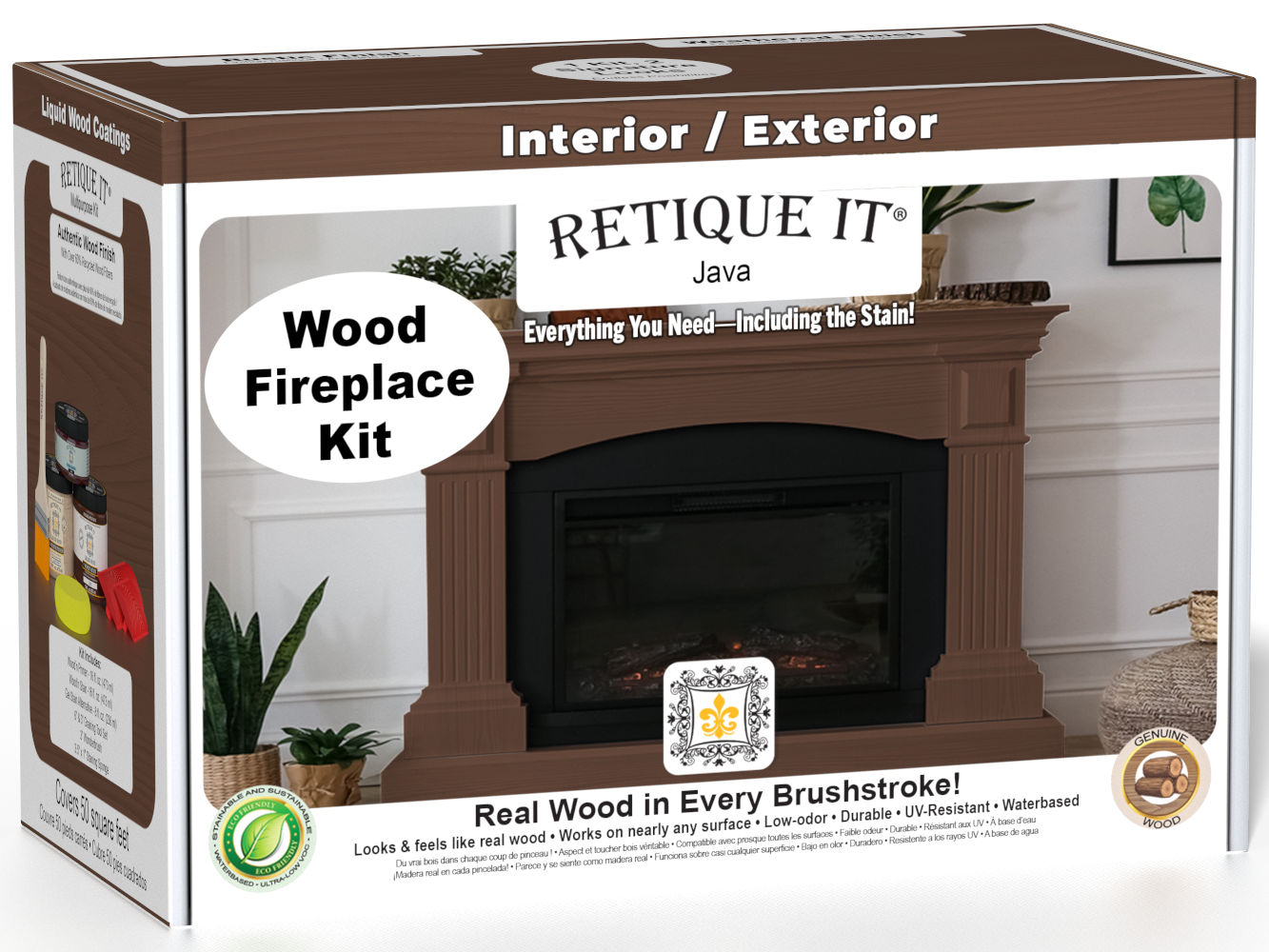 Retique It Fireplace Wood'n Finish Kit in Java stain for full fireplace, showing the box and product packaging.
