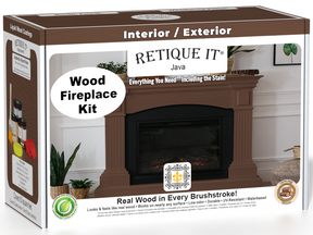 Retique It Fireplace Wood'n Finish Kit in Java stain for full fireplace, showing the box and product packaging.