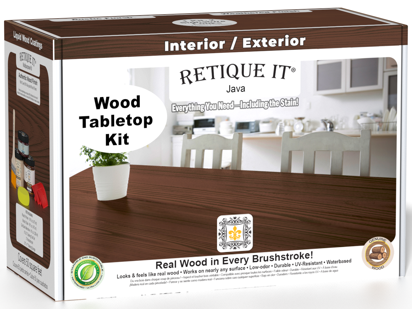 Retique It® Wood'n Finish Kit in Java for tabletops, featuring stain bottles, brush, and finishing tools in a double-sized box.